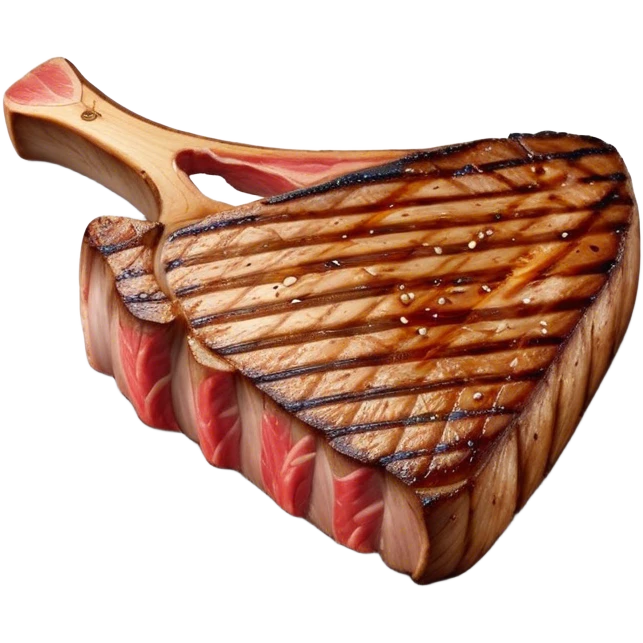 Cinematic thick-cut t-bone steak, perfectly seared with grill marks, a grilled center, rich and savory, warm glow, sizzling and mouthwatering, highly detailed and appetizing. emoji