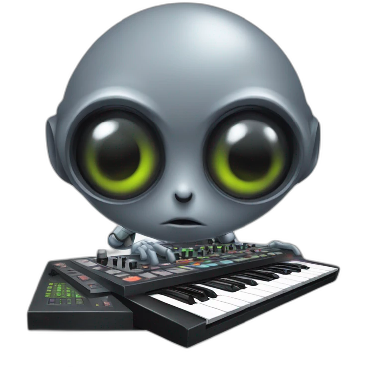 A grey Big eyed Alien playing an AKAI MPC XL emoji