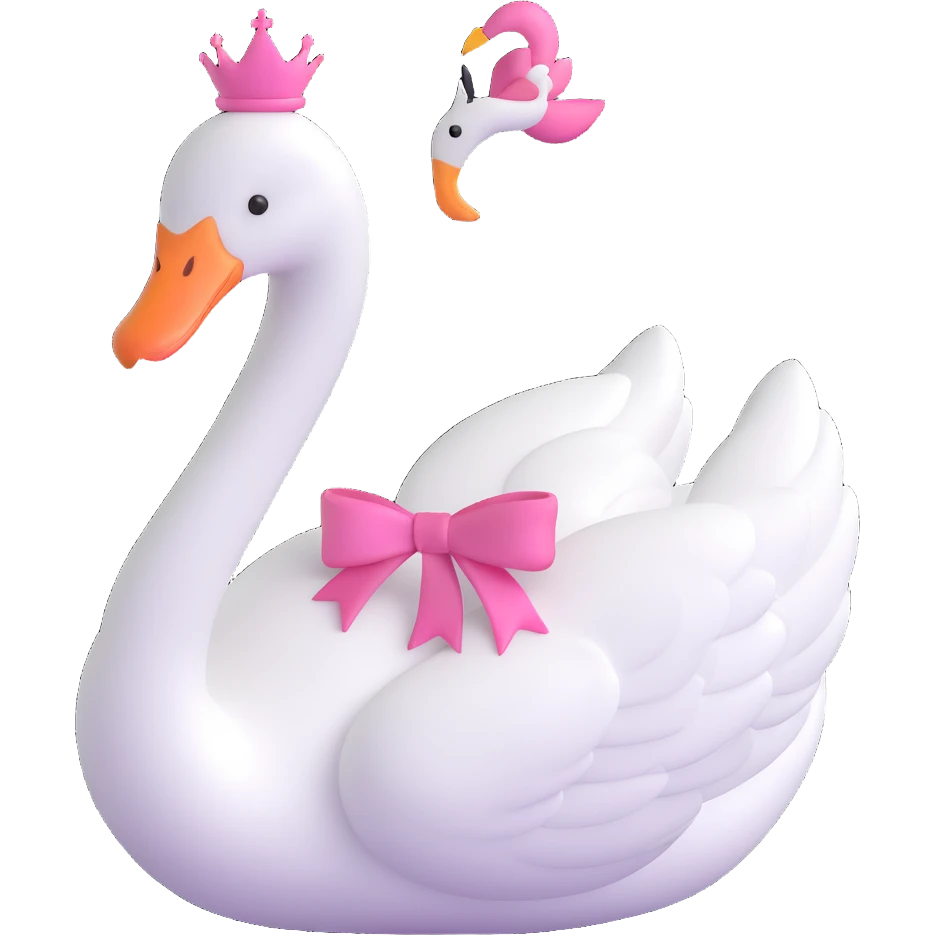 a cute white swan with a pink bow on her head, playful and sweet emoji