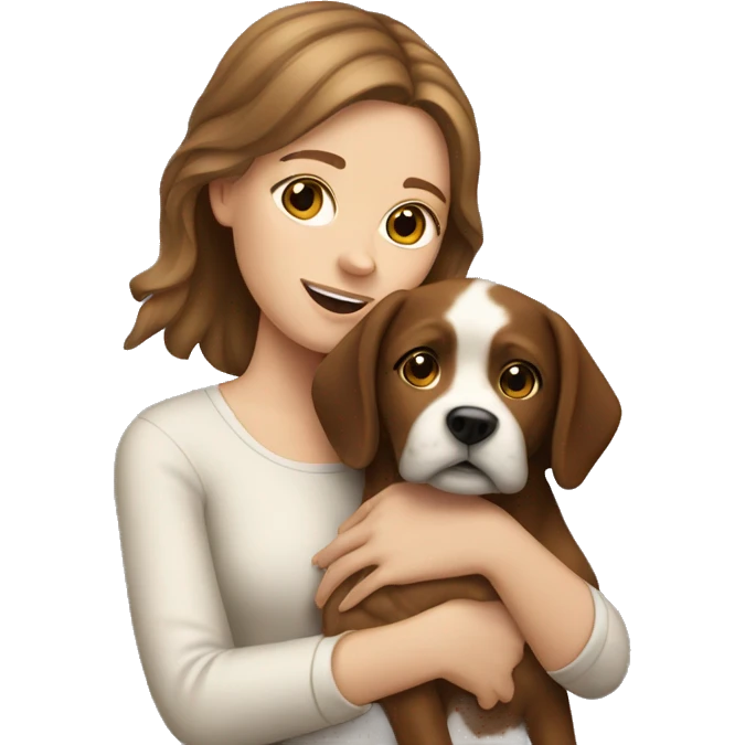 White girl with brown hair holding dog emoji