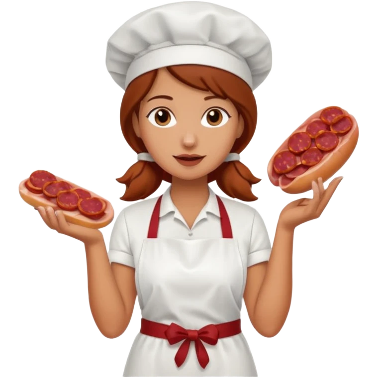 Charcuteraa con un chorizo y embutido en la mano con una redecilla en el pelo y delantal blanco emoji