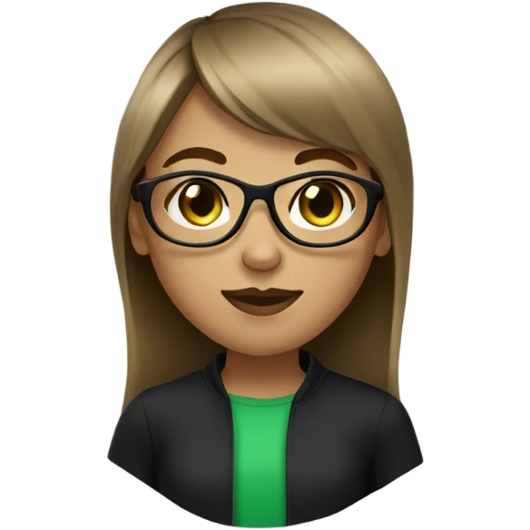 a girl green eyes, brown light hair with bangs and wearing black glasses emoji