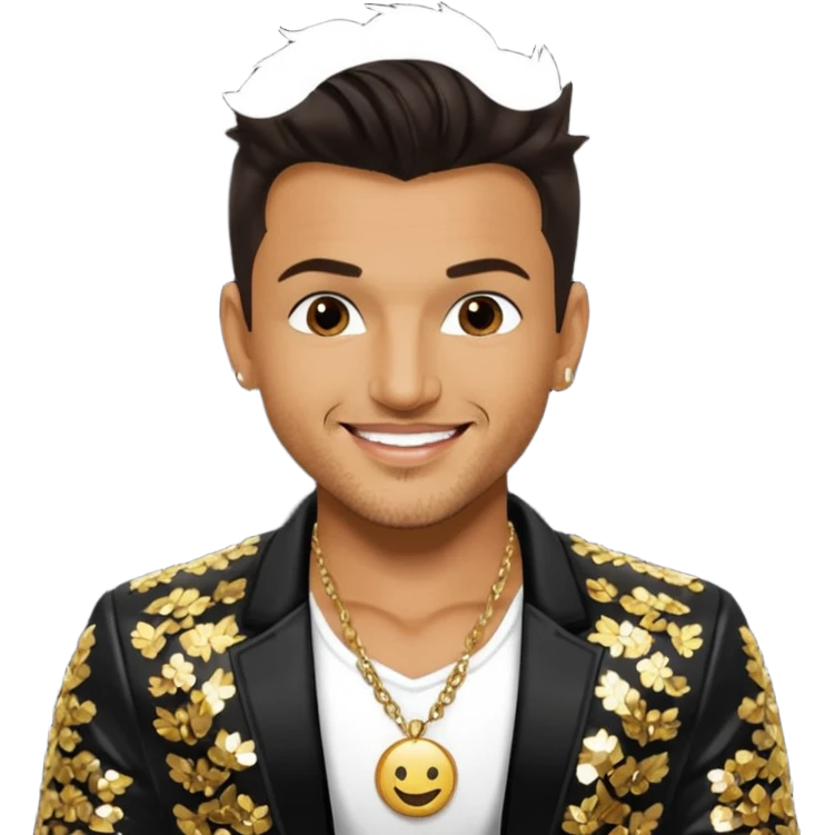 Peter Andre with dark brown hair, black sequin jacket, shirtless with necklace emoji