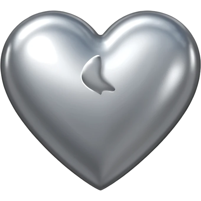 Liquid chrome heart emoji, silver metallic color, iOS emoji style, smooth reflective surface, rounded shape, realistic highlights, minimal background emoji