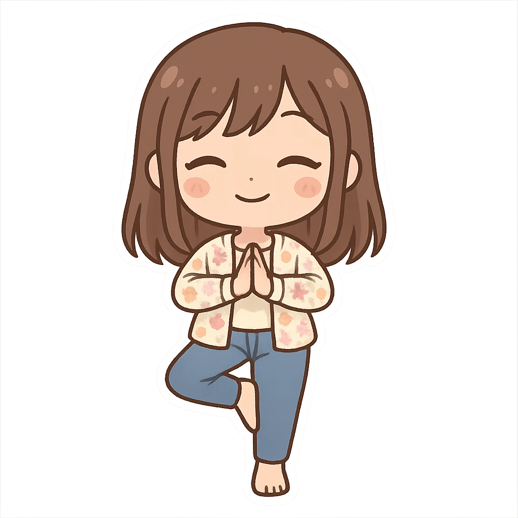 chibi sticker of a girl with brown straight hair and brown eyes, wearing a pastel floral cardigan and jeans, doing yoga in tree pose, white outline, transparent background, 512x512px emoji