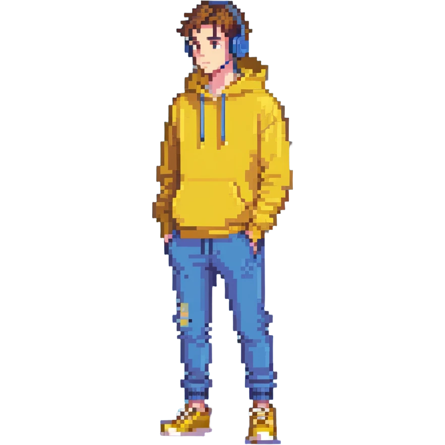 man in yellow hoodie, wearing earbuds, distrustful look, exaggerated proportions, full body emoji