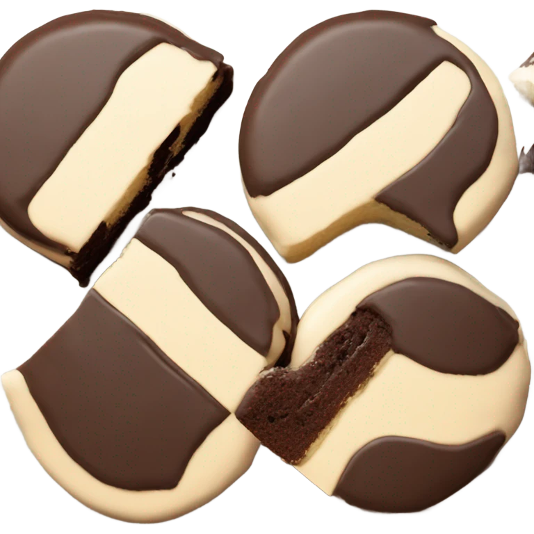 One Black and white cookie equally cut frosting emoji