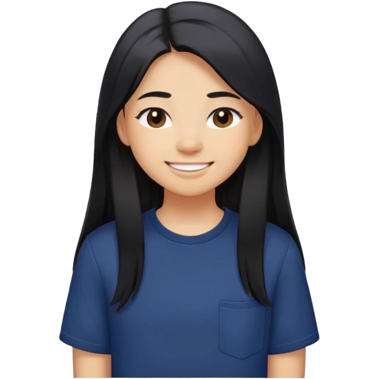 a young teenage girl with light tan skin, she is smiling with mouth closed/not showing teeth, all her hair is behind her shoulders, she has a  long black really-straight hair, dark brown eyes, navy colored oversized short-sleeved shirt. emoji