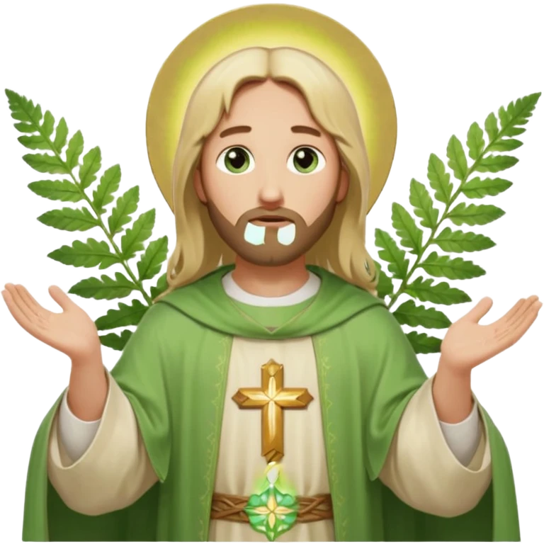 Jesus, green eyes, blonde hair, light green chasuble. opening arms, gazing thoughtfully. Soft light, subtle fern. Waist-up, profile. emoji