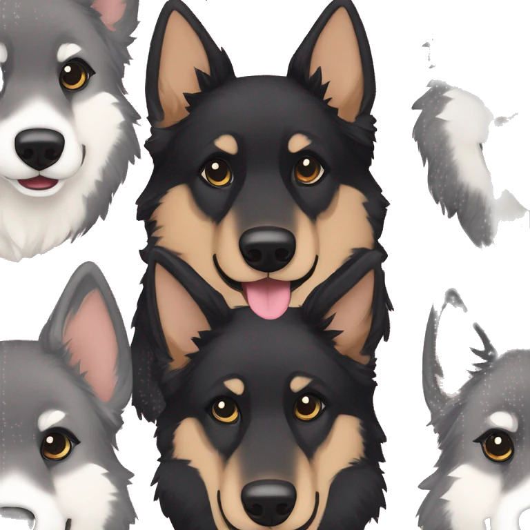  Black spotted brindle German shepherd husky fluffy ears and holographic harness running emoji