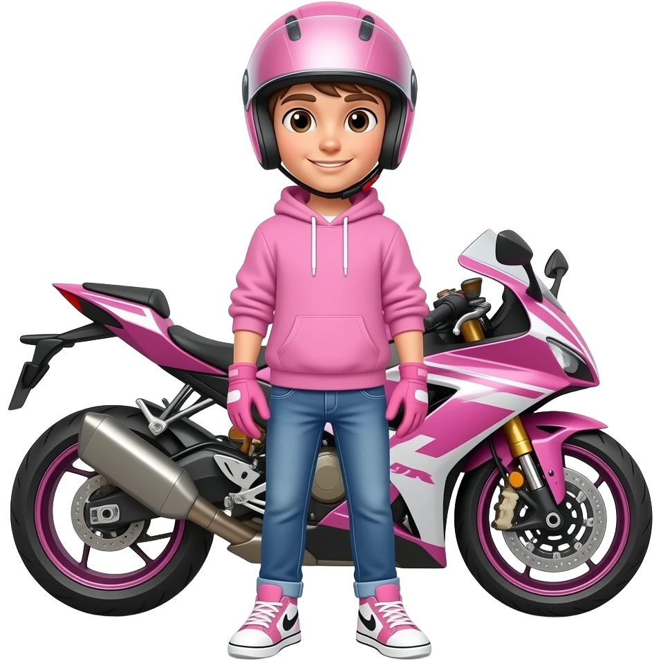 young man with pink jeans and a pink hoodie wearing white pink sneakers and pink gloves, also he wears a pink motorcycle helmet and stands in front of a pink white motorcycle emoji
