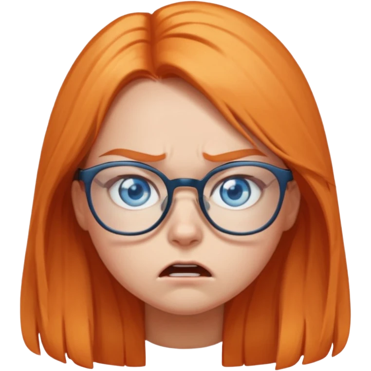a girl with blue eyes, glasses and light orange long hair angry emoji