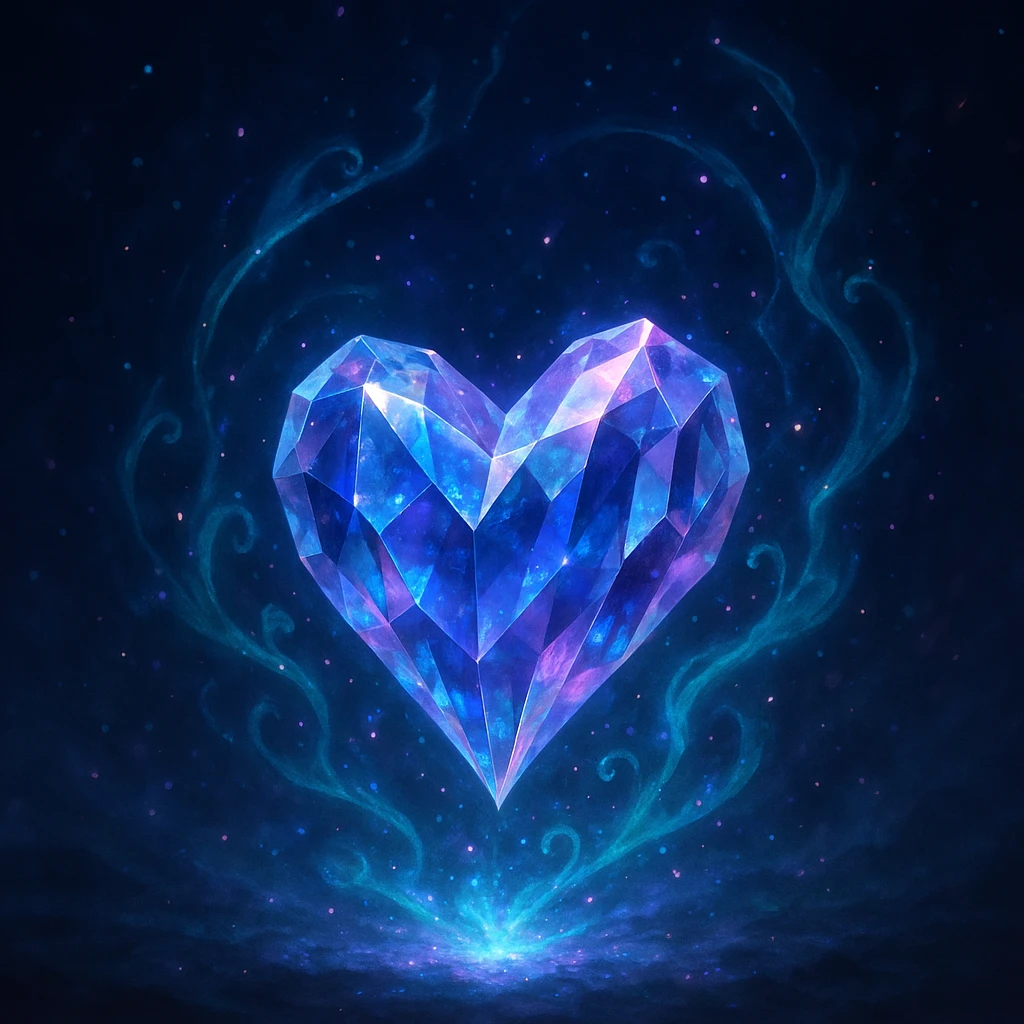 heart in a fantasy style, enchanted crystal heart, floating, with magical aura emoji