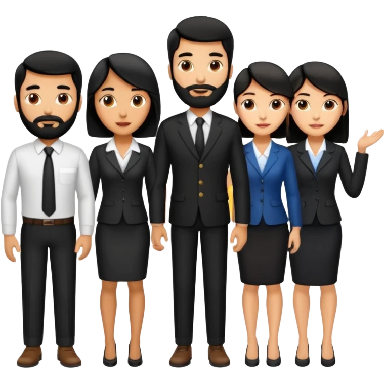 4 people, one man with beard, one man and two women,yellow skin office style,black hair,  emoji