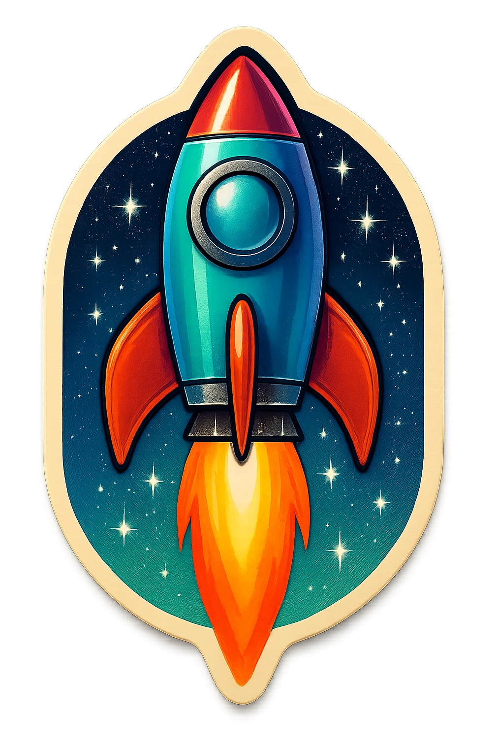 retro style rocket ship launching into space with bright flames starry background bold colorful illustration emoji