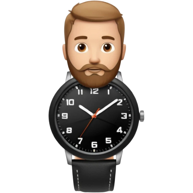 bearded man wearing a black strap watch portrait, head and shoulders only, oval face, short beard, relaxed confident look, black leather strap watch visible, 3D cartoon, mobile game icon style, clean background, no text, no watermark
 emoji