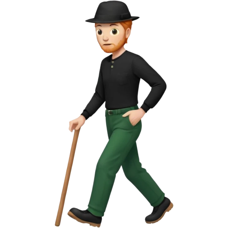 גבר זקן ג'ינג'י מלא כובע שחור הפוך חולמה שחורה ומכנסיים ירוקות ארוכות מבצע צעידה במקום  emoji