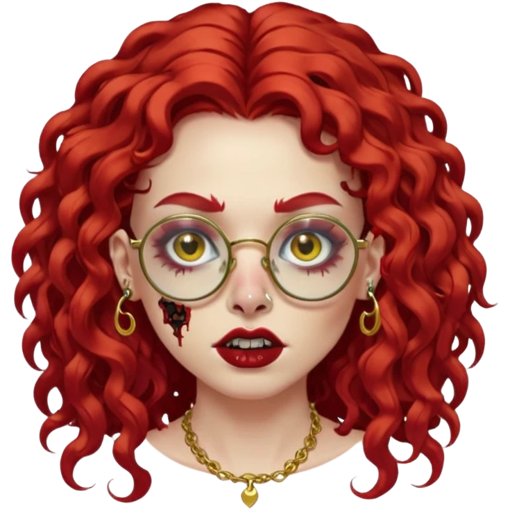 nonchalant zombie with long red curly hair, thick lashes, black square glasses, gold nose piercings on each side of her nose, and a gold eyebrow piercing. emoji