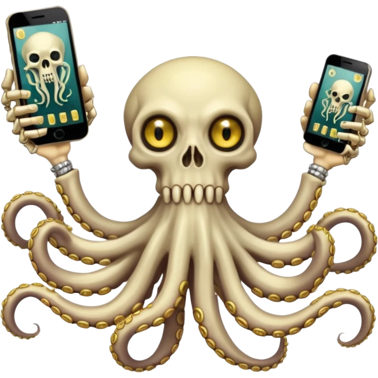 satanic octopus skeleton. Evil looking eyes, wearing a gold necklace. 2 tentacles are holding their own cellphones, 2 other tentacles are holding stacks of money emoji