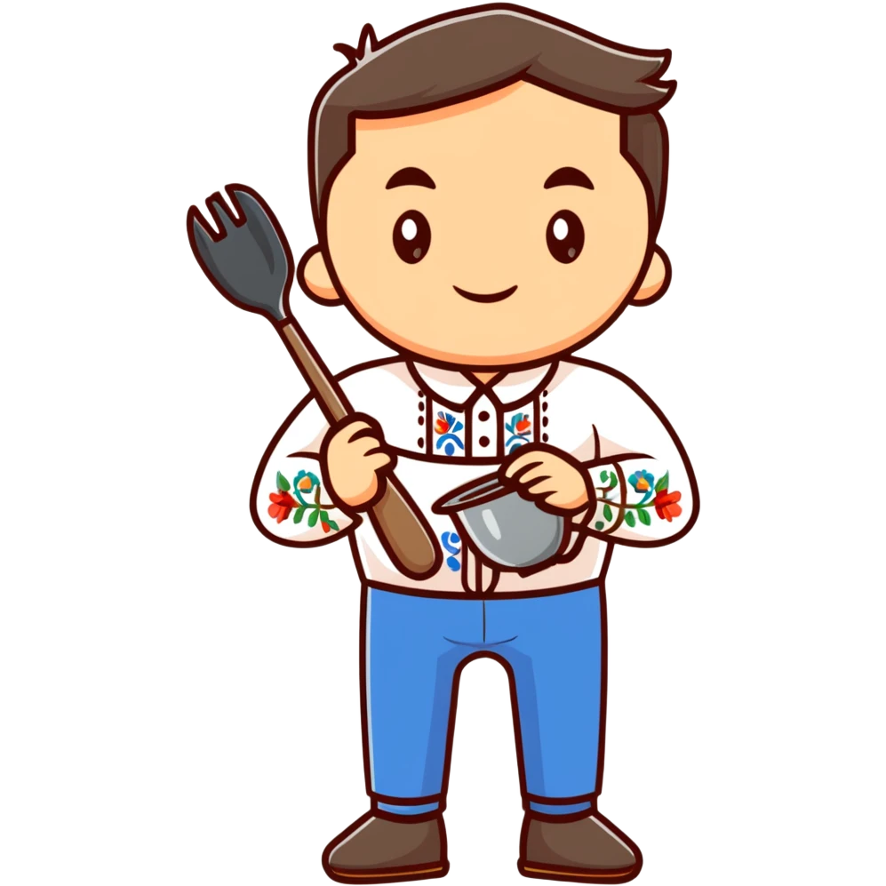 Ukrainian man in traditional white embroidered shirt holding a ladle and kitchen shears emoji