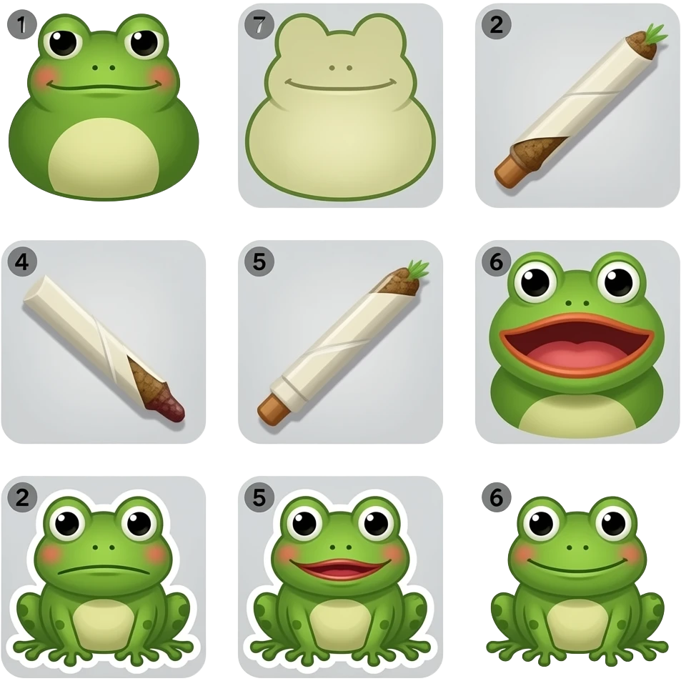 Bhai ese hi 5 ya 6 bana de step by step jaise Chara's banti he yani hashish joint is ka pora process bana de 5 ya 6 step ki pics me ya sticker me pepe frog ki sticker  me pic me emoji