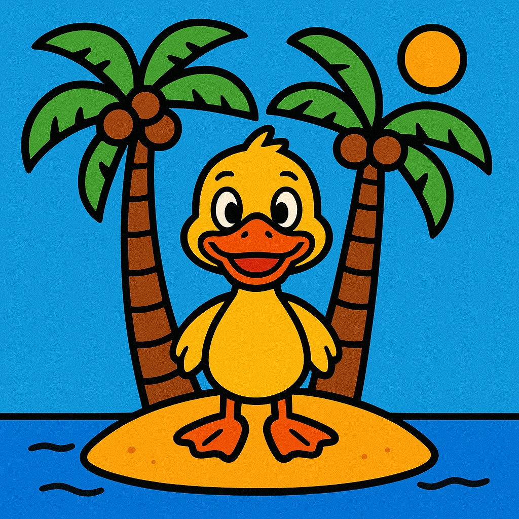 cartoon of a duck standing on a small island, facing front, with two coconut trees on the island, vibrant and playful style emoji