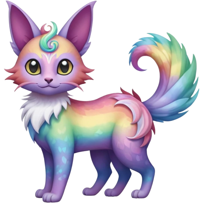 White pastel iridescent rainbow-gradients-color-marked with swirly patterns butterflies  faerie-Noivern-Noibat-Purloin-Torracat-Lykoi-Caracal-cat-Fakemon-fusion-hybrid-creature emoji