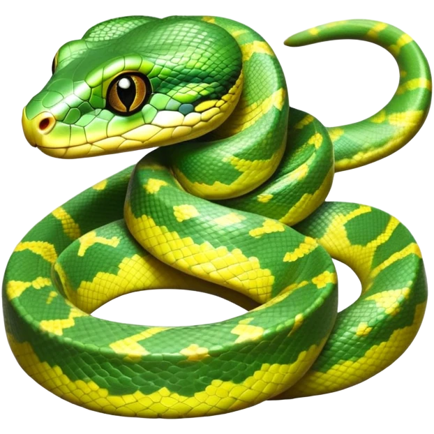 cinematic-green tree python-realistic-full-body-coiled-emoji,-thick-scaled-body-looped-tightly,-intricate-tellow and green-patterned-scales-reflecting-light,-head-tilted-dramatically,-cute-eyes-staring-calmly,-simplified-yet-realistic-focused-feature emoji
