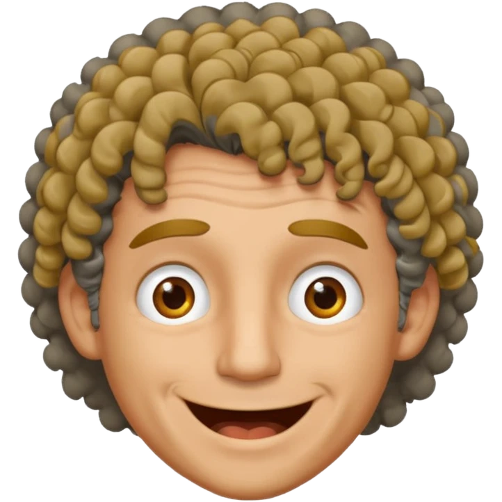 man curly black gray hair. crazy smile and tired eyes. emoji