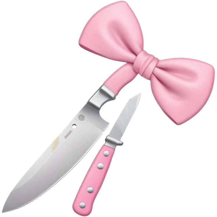 Cute emoji style illustration of a kitchen knife with a pink bow tied directly around the handle of the knife, not floating, not separate, kawaii style, rounded shapes, pastel colors, friendly look, flat vector design, white or transparent background, simple emoji icon emoji