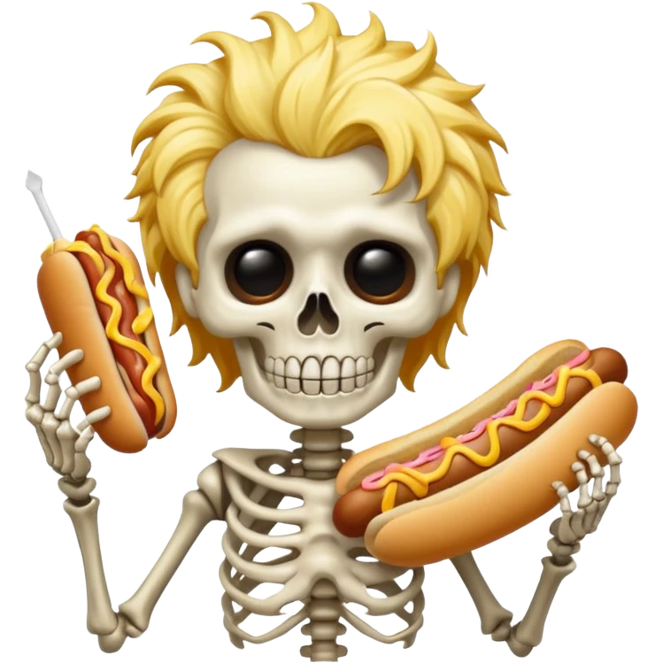 skeleton funky hair eating a hot dog emoji