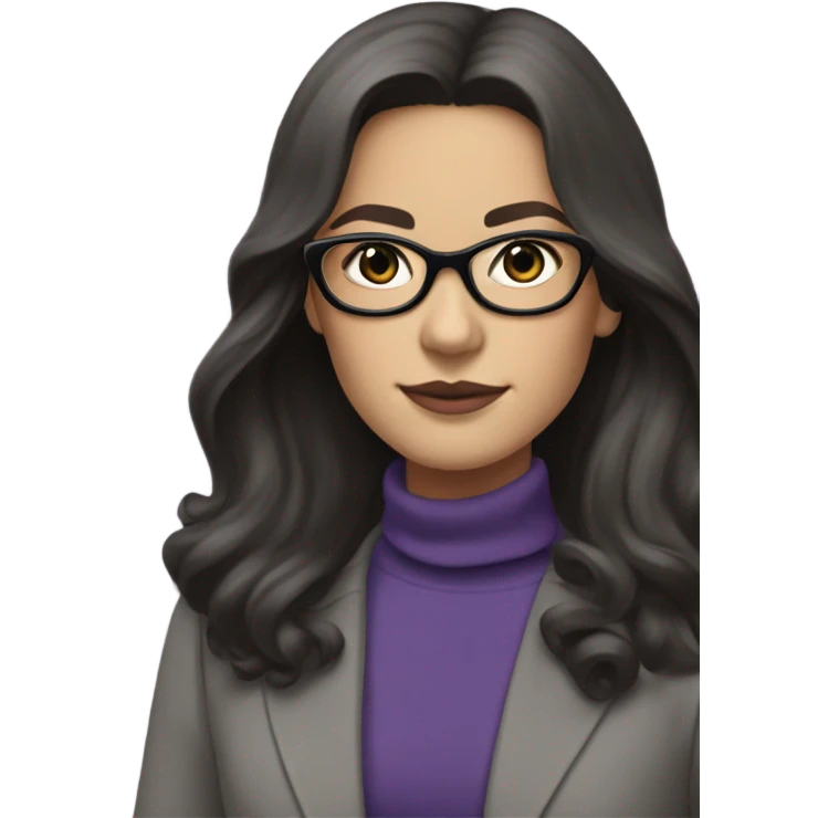 Tv show young Diana Prince wearing grey suit with silk voile purple turtleneck and black eyeglasses, long flowing hair  emoji