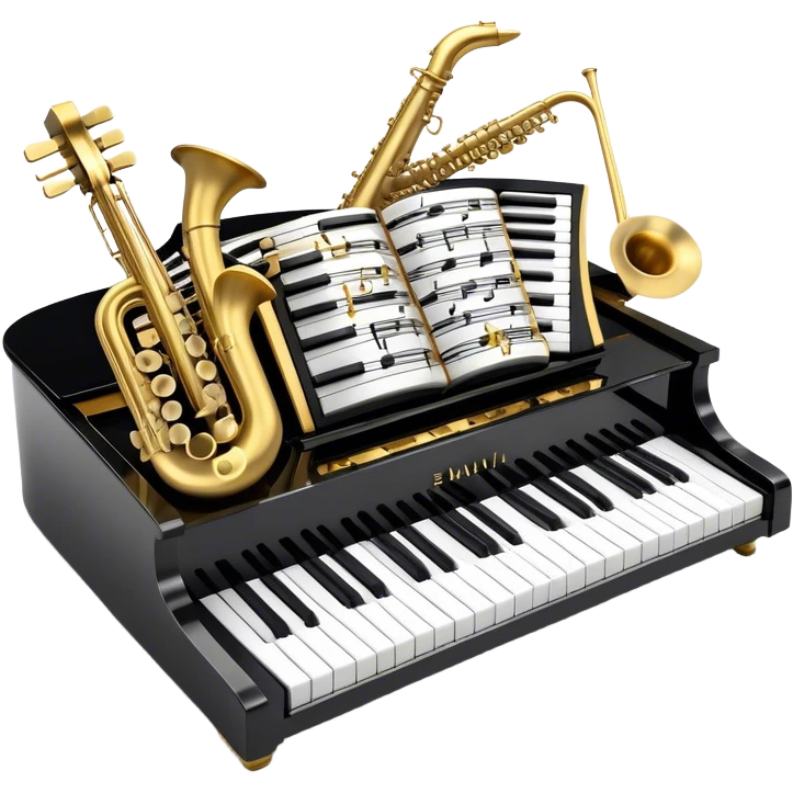 Create a detailed and elegant emoji collage representing keyboard instruments in a celebratory and professional style, reminiscent of a coat of arms. The design should feature a central arrangement of black and white piano keys, forming a symmetrical, powerful image. Around the keys, include a flowing ribbon of musical notes that intertwines with the keys, creating a sense of movement and harmony. Use gold and silver accents to highlight the keys and musical notes, giving the design a festive, high-quality appearance. The design should convey professionalism, elegance, and a sense of occasion. Add subtle reflections on the piano keys to enhance the polished look. The background should be transparent. emoji