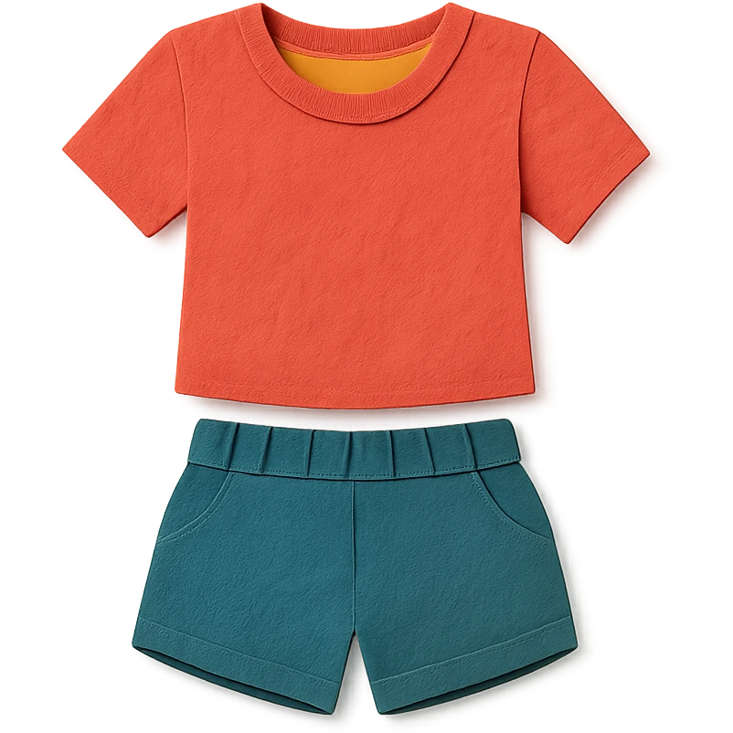 illustration of a women's short and tee shirt set in paper-craft style emoji