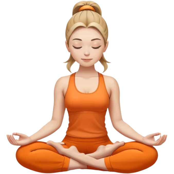 white woman with ponytail hairstyle in lotus position meditation yoga pose, closed eyes, relaxed face, wearing orange yoga outfit emoji
