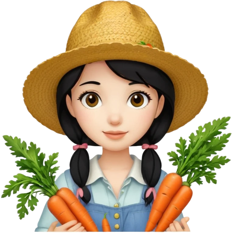 girl with black hair, straw hat, holding carrots emoji
