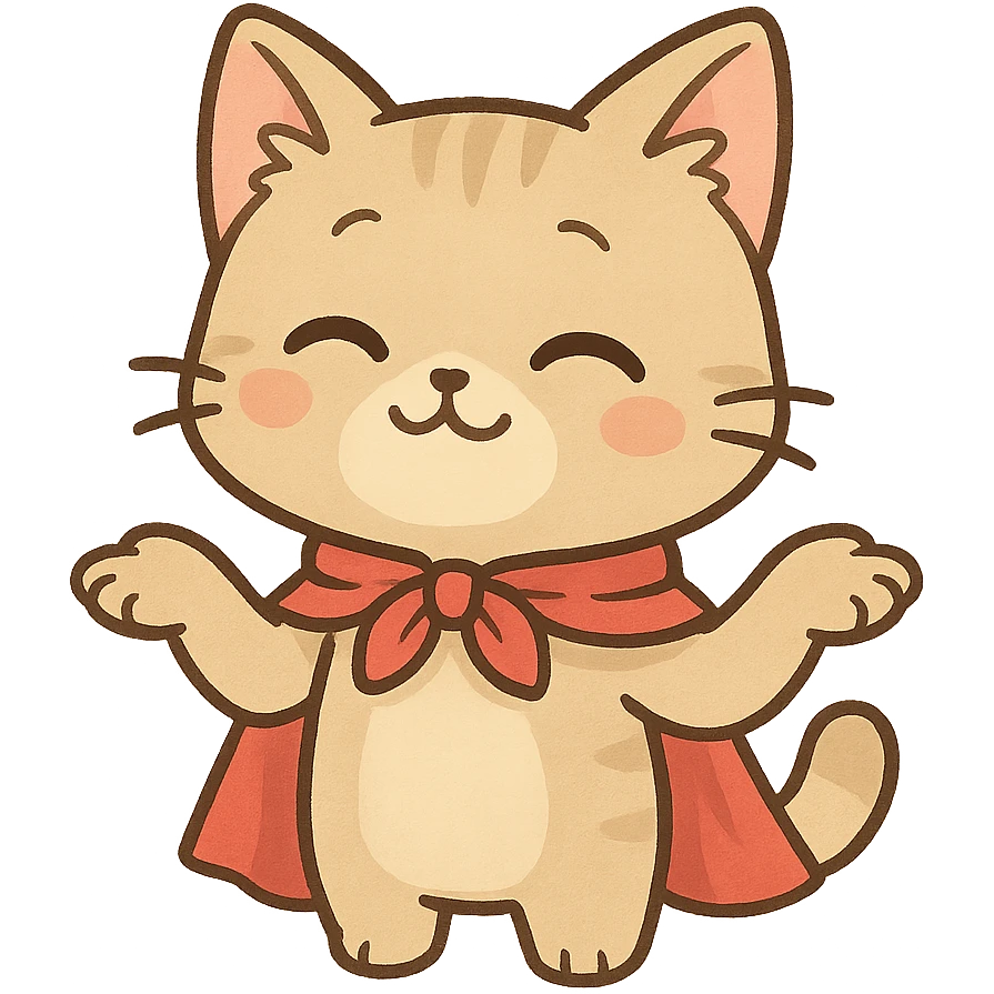 cute cat wearing a cape, shrugging shoulders with a playful expression, simple and clean style emoji