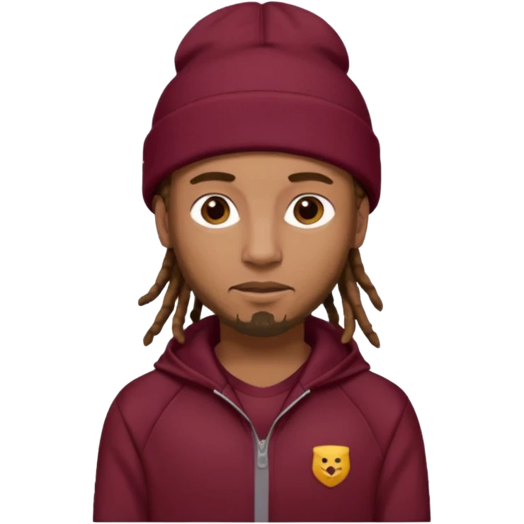Animate a caramel skinned male with brown dreads and a tan colored  beanie with a burgundy tracksuit on with no beard  emoji