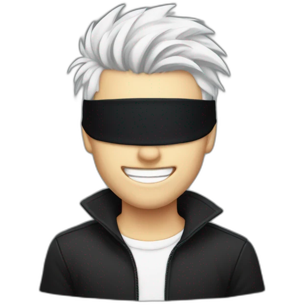 white-haired young man with black blindfold covering his eyes , with spike hair, smiling, pale skin emoji
