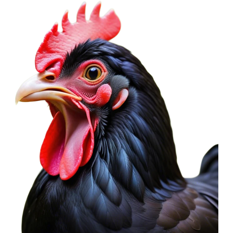 Cinematic Cute Yawning Black Chicken Portrait Emoji, Head tilted slightly with a dramatic, wide-open yawn, showcasing a soft, glossy black plumage with subtle hints of iridescence and a distinctive red comb, floppy wings slightly drooping, round beady eyes barely open in drowsy contentment, Simplified yet irresistibly adorable features, highly detailed, glowing with a soft, cozy glow, high shine, relaxed yet expressive, stylized with a touch of whimsy, bright and endearing, soft glowing outline, capturing the essence of a sleepy yet affectionate chicken, so drowsy it feels like it could stretch out of the screen and curl up for a nap! emoji