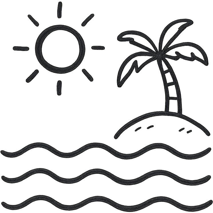 a hand drawn black outline of a beach with sun and waves emoji