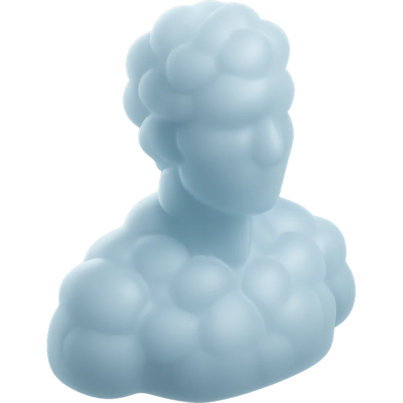 person looking straight, fully made of white fluffy convex clouds, shoulder up, matte glass style emoji