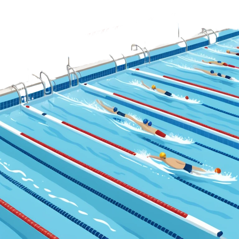 An icon featuring an Olympic swimming pool with multiple lanes and swimmers racing side by side. Splashes and lane dividers highlight the competition atmosphere. Transparent background emphasizes the energy, speed, and intensity of professional swimming events. emoji