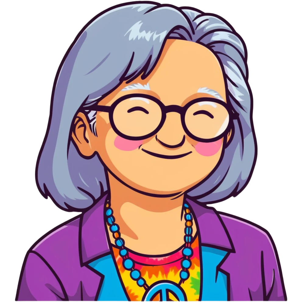 Elderly woman with long gray hair, peace sign necklace, colorful tie-dye clothing, round glasses, hippie grandma with a relaxed smile emoji