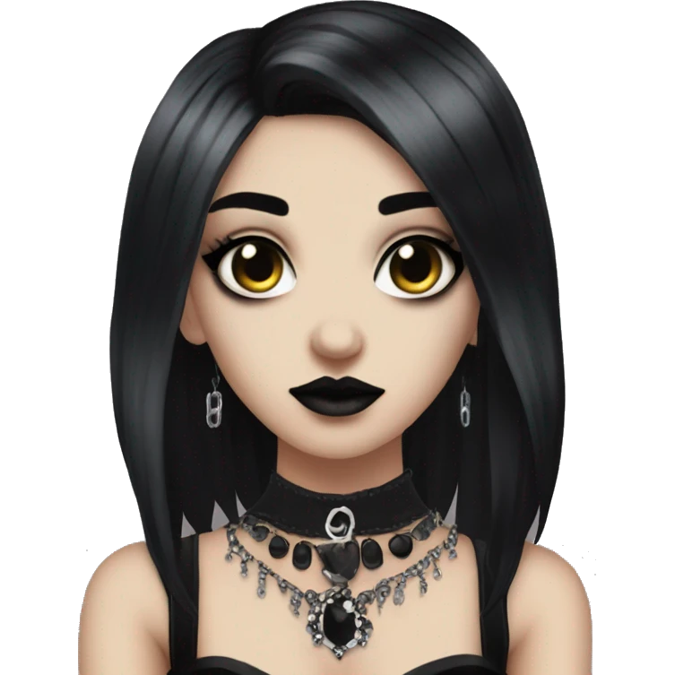 Goth girl, with black hair, black makeup, jewellery, a black corset, and piercings emoji