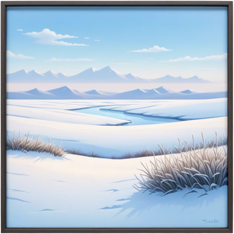 Cinematic Realistic Tundra Emoji in a wooden frame, Vast and cold, with wide expanses of snow-covered ground, sparse grasses poking through, and the occasional hardy shrub breaking up the pale white landscape. The sky above is a pale, frosty blue, and the light reflects off the snow, creating a serene yet starkly beautiful environment. Soft glowing outline, capturing the essence of a quiet, still, frozen wilderness where life endures despite the harsh conditions. emoji