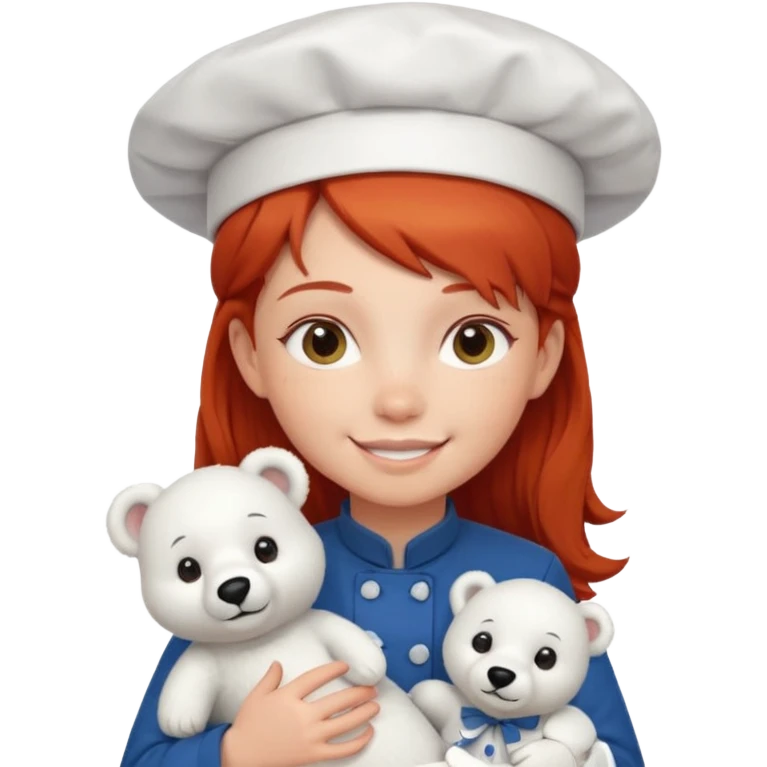 girl kid italian chef, red haired, uniform, holding plush polar bear emoji