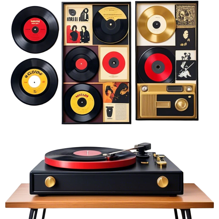 Icon for Vinyl Record Collecting: large black, golden and red vinyl records in decorative packaging featuring artist images, neatly arranged on a wall or shelf, modern vinyl record player. The icon should reflect the aesthetic and artistic aspect of collecting vinyl records. Transparent background. emoji