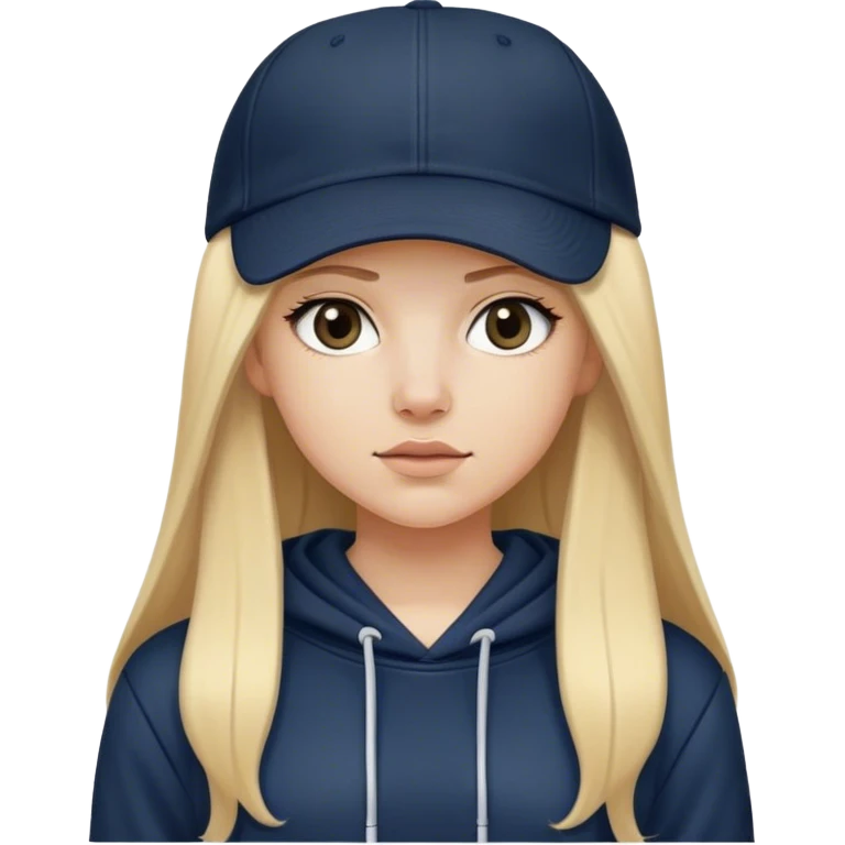 White girl with long straight blonde hair with a middle part wearing a black baggy hoodie with a navy blue baseball cap on. Make the hoodie black with no strings on it  emoji