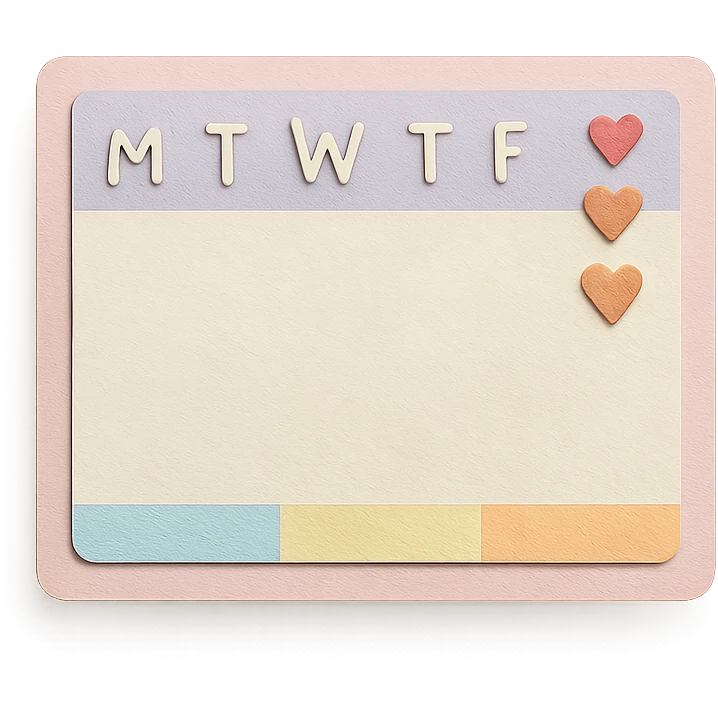 soft pastel kawaii weekly planner box with tiny heart icons emoji